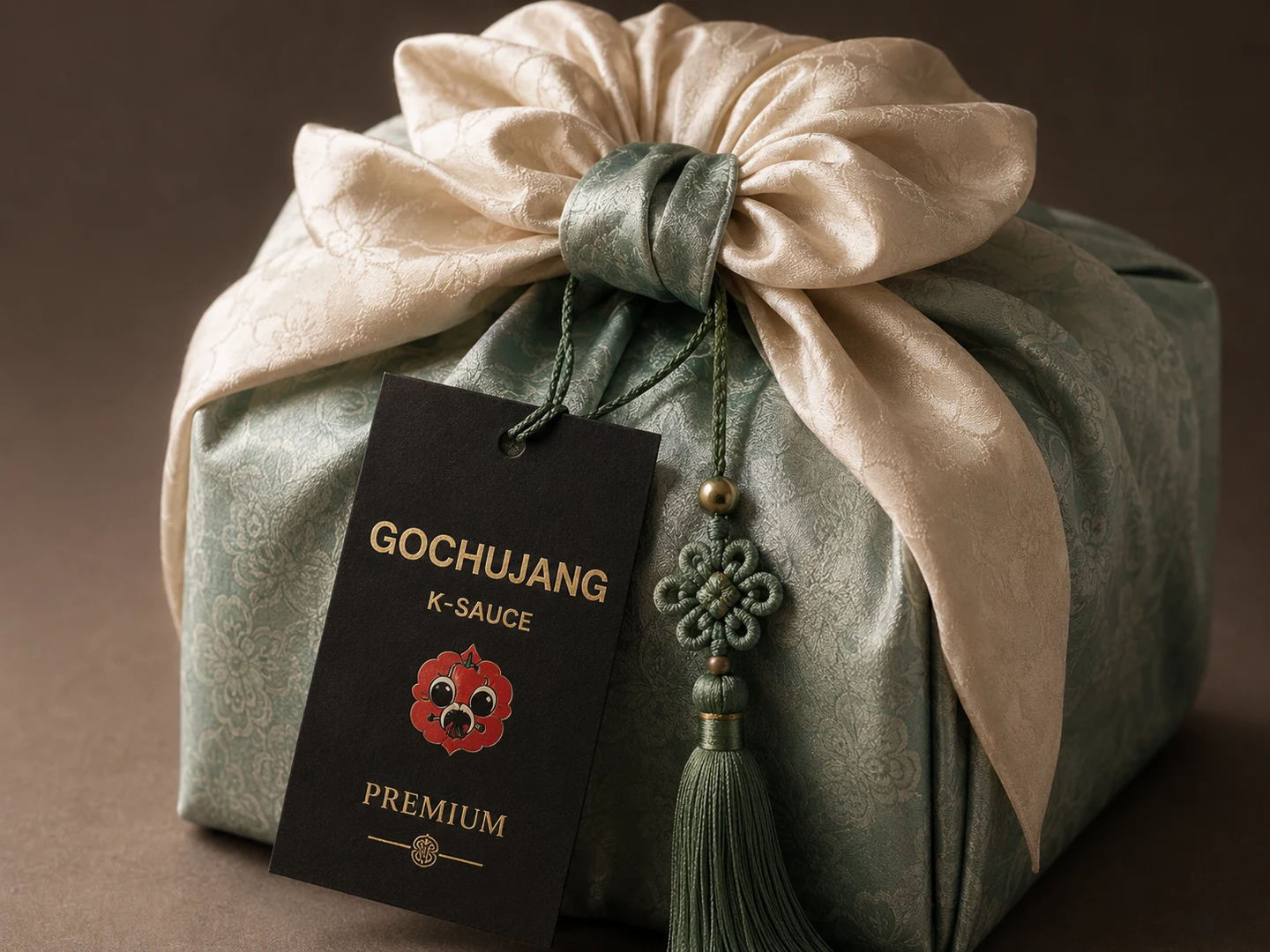 Kmingo premium gift wrapped in celadon-green and ivory bojagi fabric