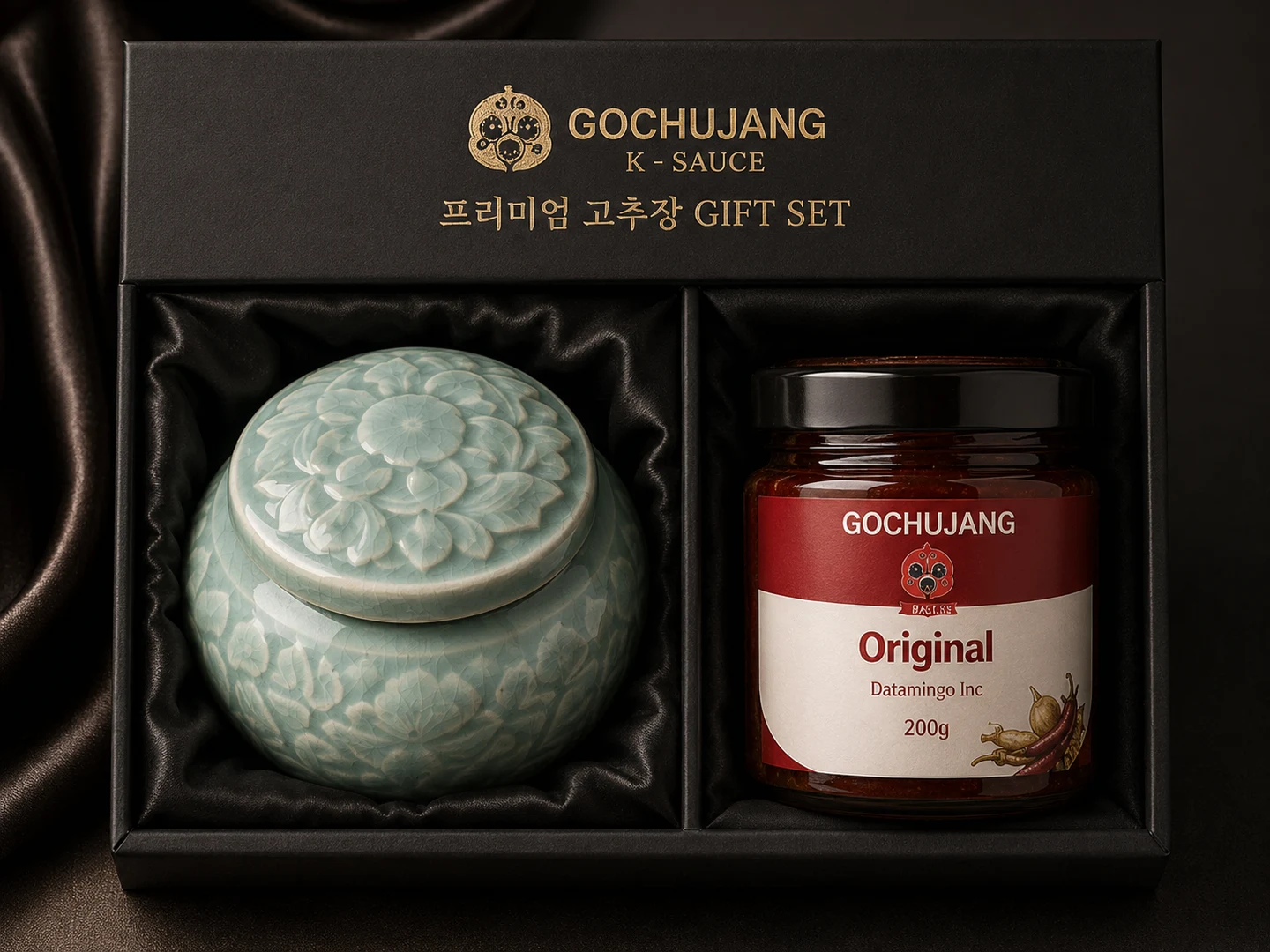 Celadon ceramic vessel and Original gochujang in a black premium gift box