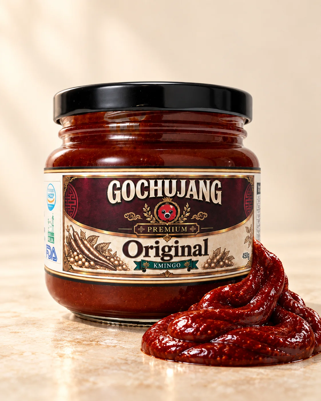 Kmingo Original jar and a swirl of gochujang on warm ivory stone