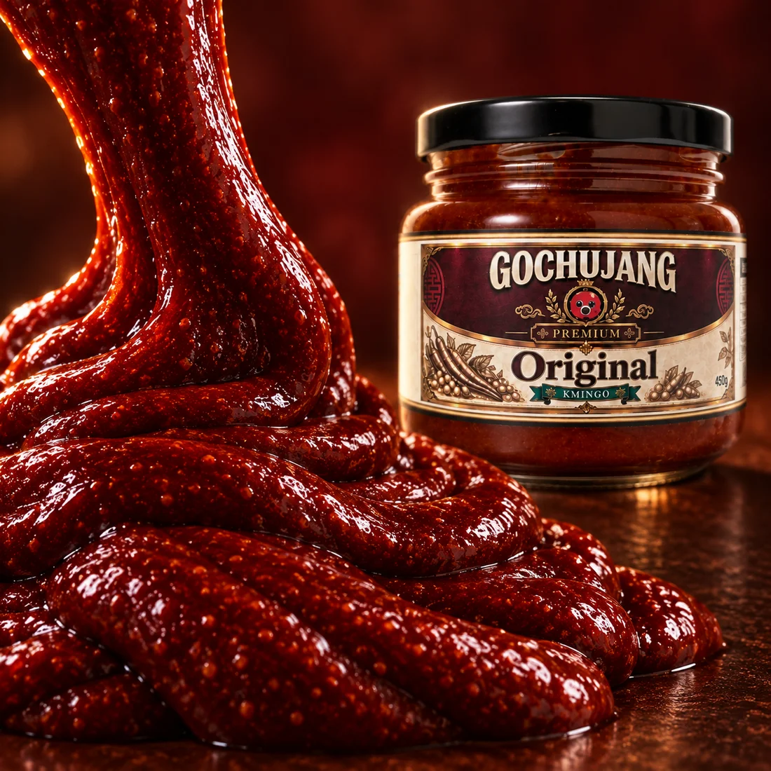 Kmingo Original 450g jar beside richly textured gochujang