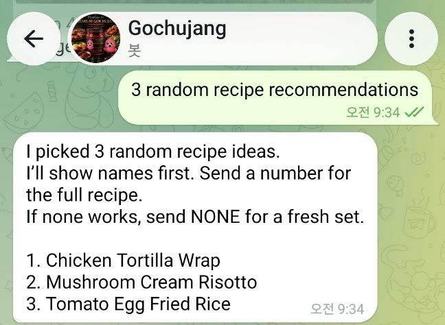 Flamingo recipe bot on Telegram — 3 random recipe recommendations